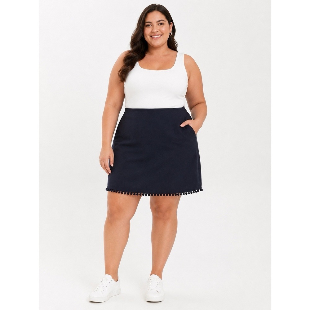 Talbots Woman 18W Navy Blue Pom Pom Trim Skirt Above Knee Lined Plus Size Office